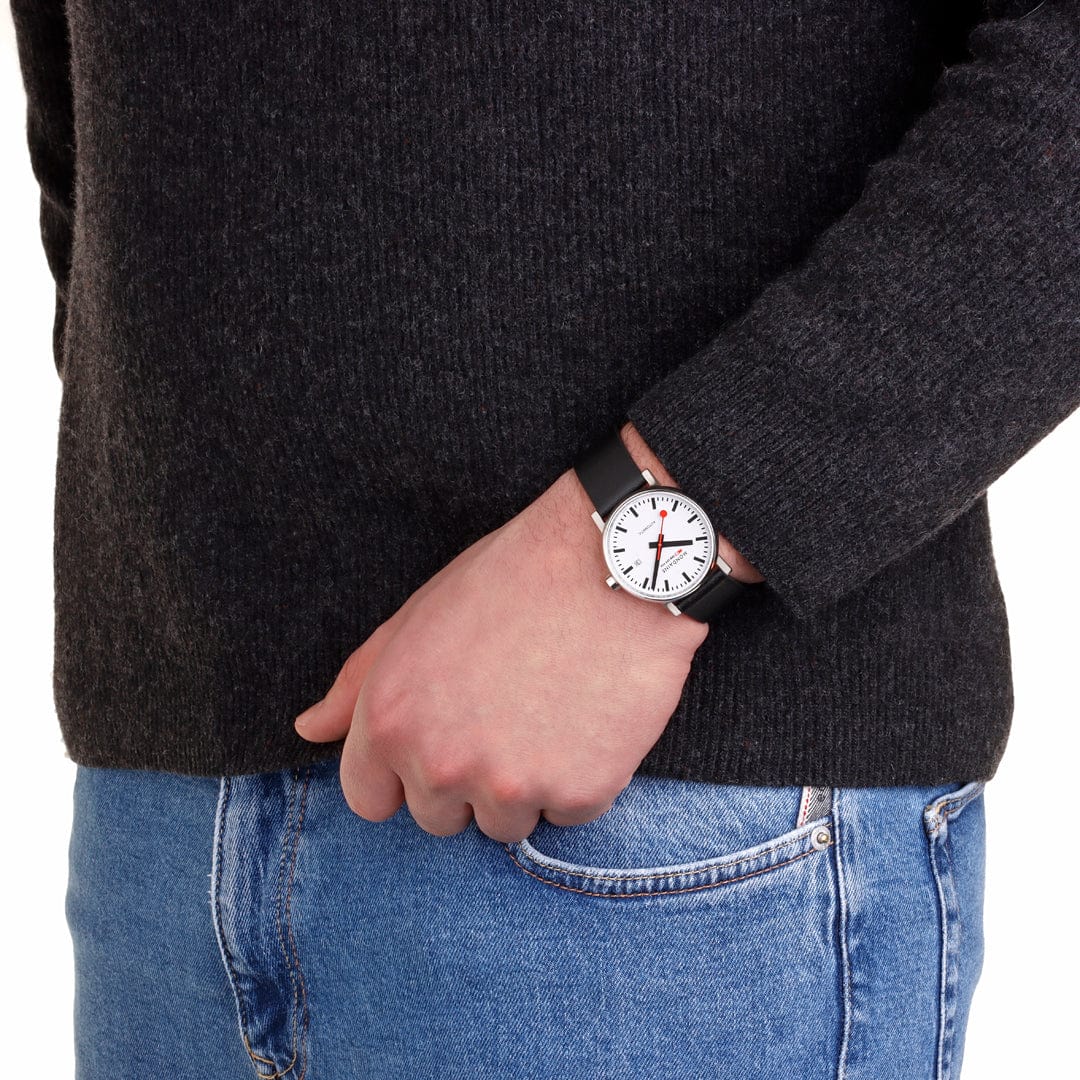 Mondaine EVO2 Automatic Watch, Polished Steel, 35 mm, Black Vegan Leather Strap - Image 5