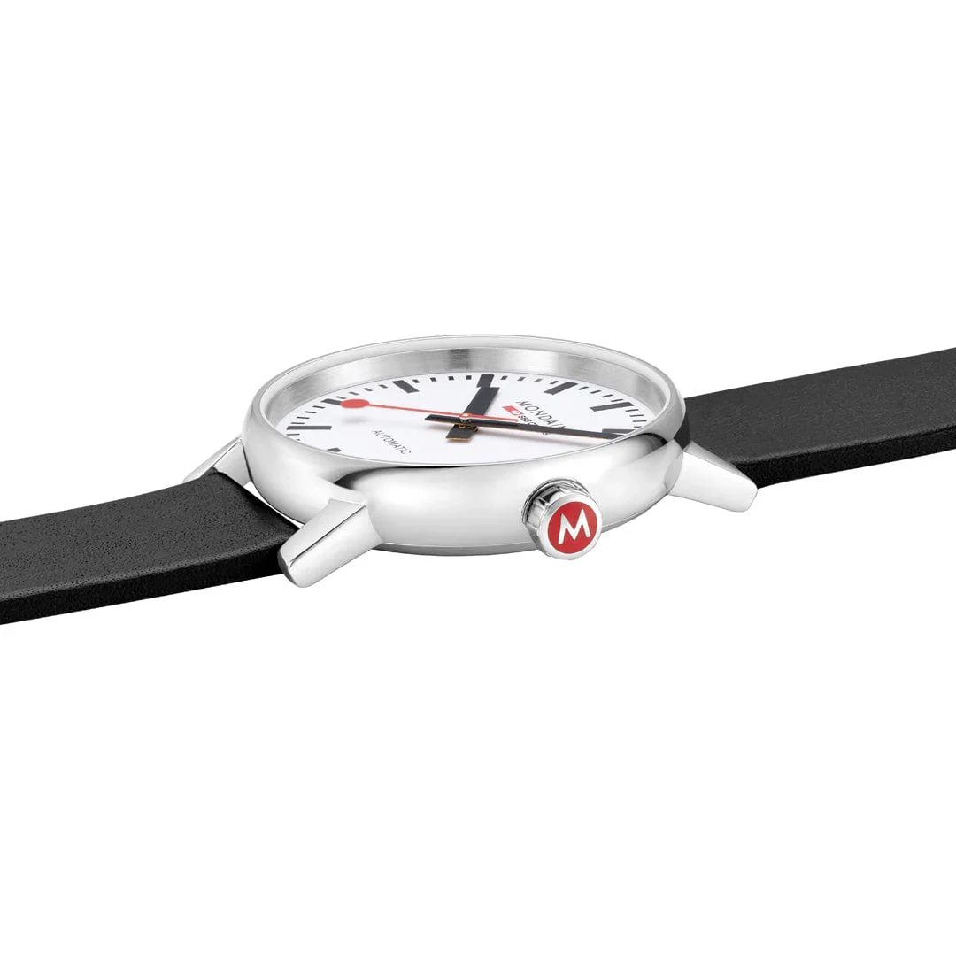 Mondaine EVO2 Automatic Watch, Polished Steel, 35 mm, Black Vegan Leather Strap - Image 8
