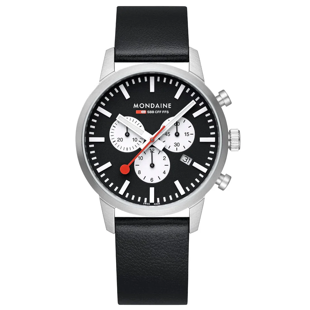 Mondaine NEO, Black Vegan Grape Leather, 41 mm Chronograph Men's Watch